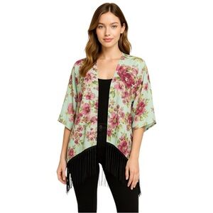 Piacé Multicolor Coquette Sheer Fringe Trim Floral Cottagecore Kimono One Size